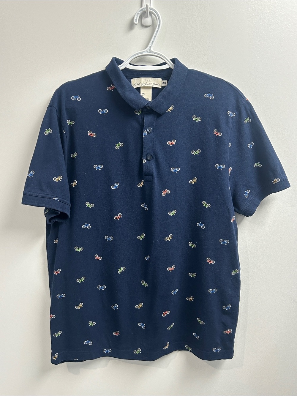 H&M Navy Polo with Multicolor Bicycle Embroidery